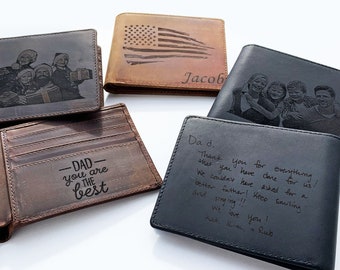 May include: Four leather wallets with different engravings. One wallet has a photo of a family, another has a US flag, another has the text "Dad you are the best", and the last one has a handwritten message.