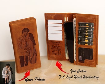 Personalized Leather Long Wallet: Engraved Photo, RFID Protection