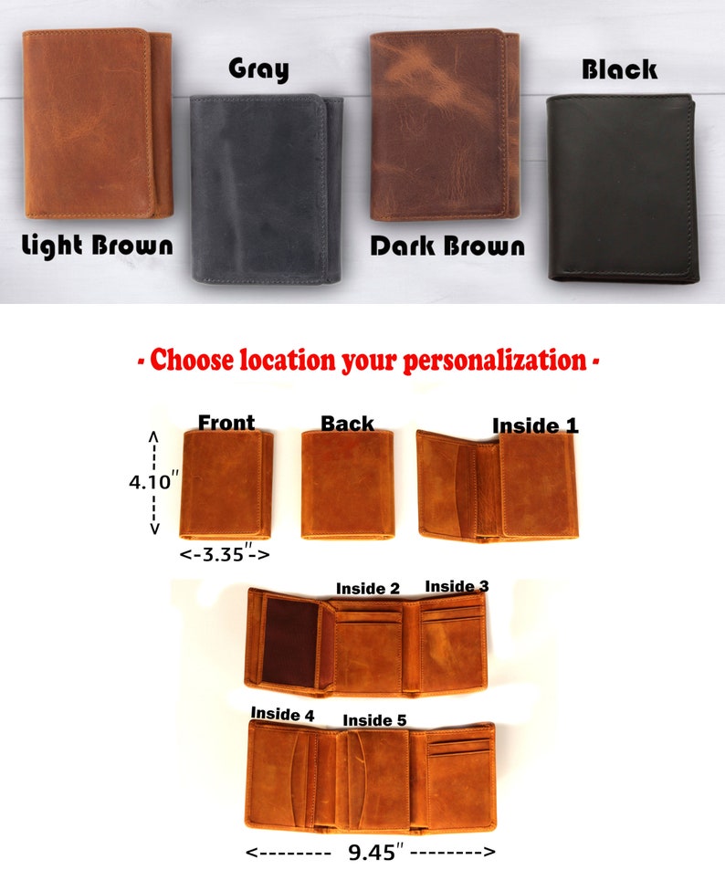 Puede incluir: Una cartera de cuero de tres pliegues en cinco colores diferentes: marr&oacute;n claro, gris, marr&oacute;n oscuro y negro. La cartera mide 4,10 pulgadas de alto y 3,35 pulgadas de ancho. La imagen muestra la parte delantera, la trasera y el interior de la cartera, con el interior mostrando cinco bolsillos diferentes para tarjetas y efectivo. El texto "Elige la ubicaci&oacute;n de tu personalizaci&oacute;n" se muestra debajo de la cartera.