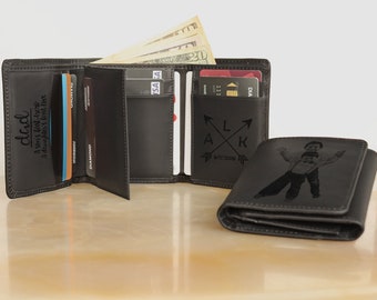 Personalized Leather Trifold Wallet: Engraved Photo, RFID Protection