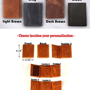 May include: A trifold leather wallet in five different colors: light brown, gray, dark brown, and black. The wallet is 4.10 inches tall and 3.35 inches wide. The image shows the front, back, and inside of the wallet, with the option to personalize the wallet on any of the five surfaces.
