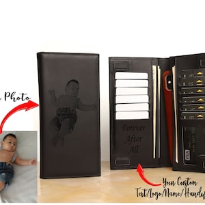Grabado personalizado RFID protegido cuero genuino para hombres billetera larga, regalo de Navidad, billetera unisex de foto personalizada, regalos para hombres lo padres