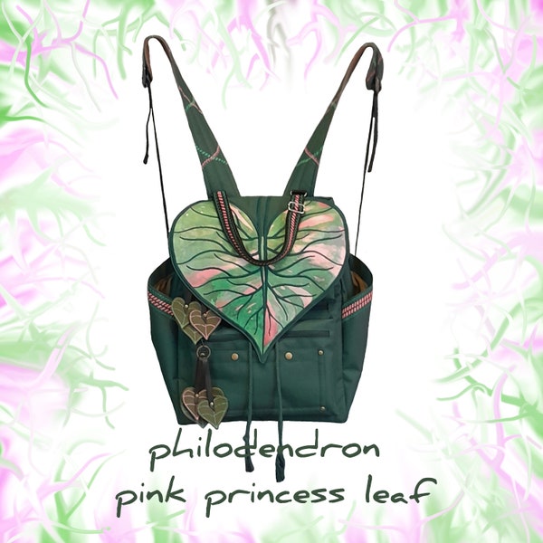 Sac feuille de princesse rose philodendron brodé transformable en sac bandoulière ou sac à dos