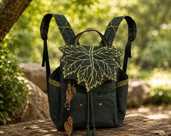 Nature inspired maple leaf backpack / convertible shoulder bag cottagecore/embroidered leaf purse forest green boho bag with security pocket