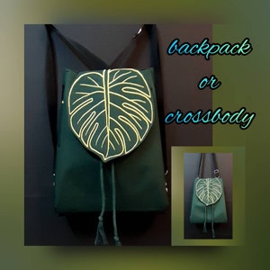 Green monstera embroidered leaf backpack convertible into shoulder bag # Green monstera embroidered leaf backpack convertible into shoulder bag
