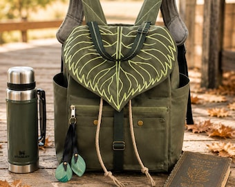 Convertible Backpack, Embroidered Leaf Backpack, Waterproof Cordura Bag, Military Green Shoulder Bag, Botanical Cottagecore Gift