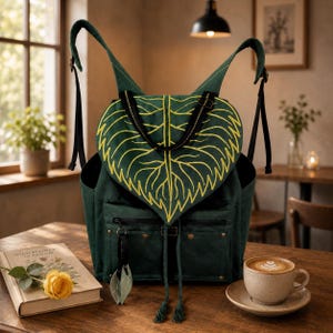 May include: A dark green backpack featuring a large leaf-shaped flap with yellow embroidered veins. The bag includes two front pockets with black zippers, adjustable shoulder straps, and a small leaf-shaped charm hanging from a metal ring on the front.