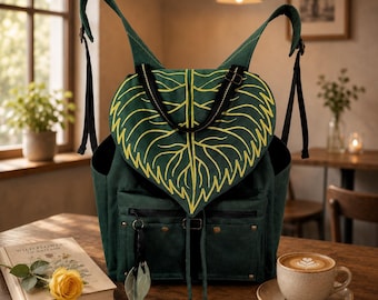 Convertible Backpack Shoulder Bag Cordura Waterproof - Embroidered Giant Leaf Bottle Green Handbag - Anti-theft Multi-pocket Rucksack