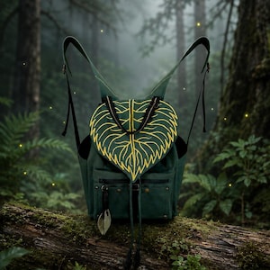 May include: A dark green backpack with a leaf design. The flap of the backpack is shaped like a leaf with yellow vein detailing. The backpack has adjustable straps and a small leaf-shaped charm hanging from the zipper.