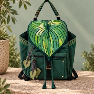 Leaf Backpack Convertible Handbag, Green Canvas Shoulder Bag, Embroidered Plant Festival Rucksack, Laptop Backpack 15 inch, Gifts for Her