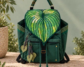 Leaf Backpack Convertible Handbag, Green Canvas Shoulder Bag, Embroidered Plant Festival Rucksack, Laptop Backpack 15 inch, Gifts for Her