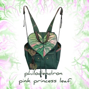 Embroidered philodendron pink princess leaf bag convertible into a shoulder bag or backpack [ BOTTLE GREEN COLOR ]