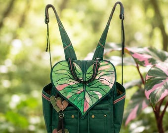 Philodendron Pink Princess Backpack, Convertible Shoulder Bag Bottle Green, Embroidered Plant Lover Gift, Waterproof Canvas Laptop Backpack