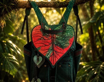 Red Caladium Leaf Backpack Purse, Convertible Shoulder Bag, Botanical Embroidered Backpack, Cottagecore Forest Fairy Bag,Handmade Nature Bag