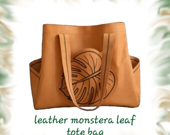 Sac en cuir véritable avec feuille de monstera brodée