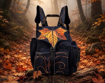 Autumn Maple Leaf Backpack |Convertible Shoulder Bag to Backpack | Waterproof Navy Blue Laptop Bag 15" | Fall Theme Gift / Handmade