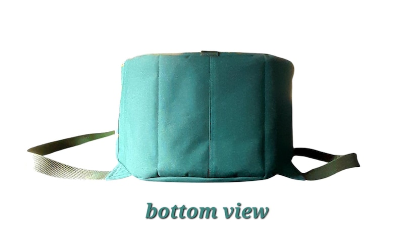 May include: A teal-colored cylindrical bag featuring a flat bottom panel and two attached fabric straps extending from the sides. The bag has a structured, vertical-seamed exterior and includes the text bottom view printed below the object.