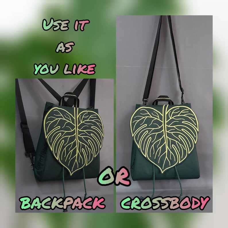 May include: A dark green bag featuring a large, yellow-outlined leaf design on the front. The bag includes black straps and can be configured as a backpack or a crossbody bag. Text on the image reads: USE IT AS YOU LIKE OR BACKPACK CROSSBODY.
