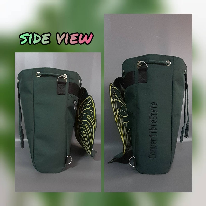 May include: A dark green bucket bag featuring a drawstring closure with metal grommets, a side zipper pocket, and a decorative wing-shaped attachment with yellow embroidery. The text "ConvertibleStyle" is embroidered vertically on the side.