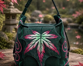 Japanese Maple Leaf Backpack, Convertible 3-in-1 Messenger Bag, Embroidered Botanical Purse, Nature Lover Gift, Waterproof Autumn Leaf Bag