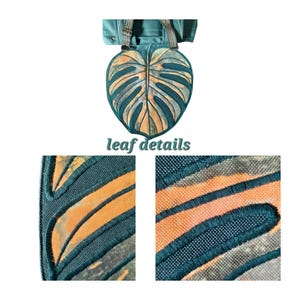 May include: A teal and orange monstera leaf-shaped bag with embroidered details. The design features a textured fabric with dark teal stitching outlining the leaf veins. The text leaf details is printed below the main bag image, followed by two close-up views of the embroidered leaf texture.