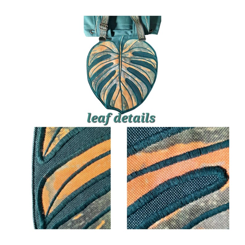 May include: A teal and orange monstera leaf-shaped bag with embroidered details. The design features a textured fabric with dark teal stitching outlining the leaf veins. The text leaf details is printed below the main bag image, followed by two close-up views of the embroidered leaf texture.