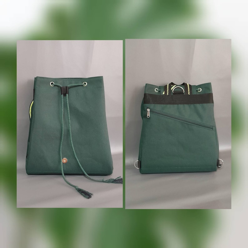 May include: A dark green drawstring backpack featuring a front closure with long green cords and tassels. The reverse side displays a black horizontal strap, a diagonal zippered pocket, and adjustable shoulder straps with yellow accents.
