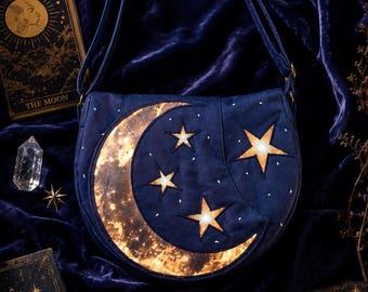 Celestial Moon and Stars Crossbody Bag | Waterproof Navy Blue Shoulder Bag | Galaxy Theme Gift for Her | Handmade Convertible Purse