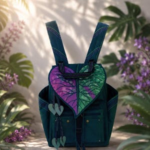 Rucksack mit lila Kaladiumblatt-Motiv, wandelbare Schultertasche, handgefertigte botanische Tasche, Fairycore Boho-Rucksack