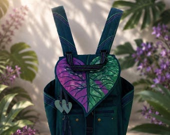 Purple Caladium Leaf Backpack Purse, Convertible Shoulder Bag, Handmade Botanical Bag, Fairycore Boho Backpack