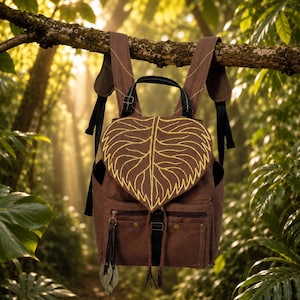 Brązowy plecak Woodland Convertible, gigantyczna torba z żółtego liścia, torebka na ramię w stylu boho botanicznym, ręcznie robiona torba leśna
