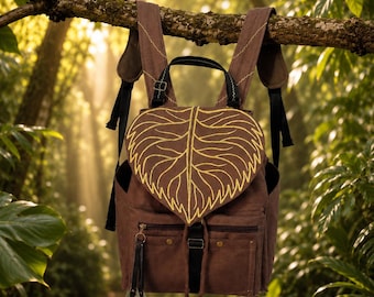 Brown Woodland Convertible Backpack, Giant Yellow Leaf Bag, Boho Botanical Shoulder Purse, Handmade Forest Bag