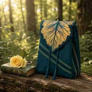 May include: A teal backpack featuring a large, yellow, leaf-shaped flap closure with visible veins. The bag includes decorative zigzag stitching, two dangling tassels, and a top handle. A yellow rose rests on a green book next to the backpack.