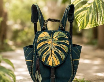Monstera Aurea Variegata Backpack, Convertible 3-in-1 Bottle Green Purse,Plant Lover Gift,Waterproof Botanical Bag, Embroidered Leaf Satchel