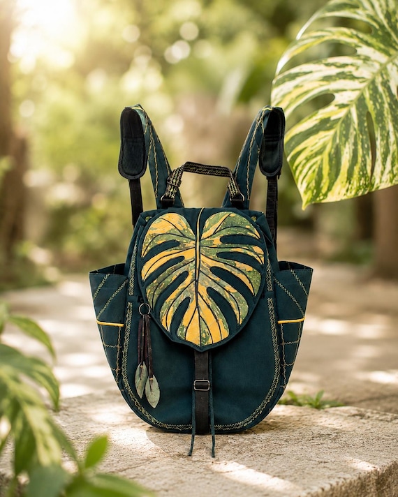 Monstera Aurea Variegata Backpack, Convertible 3-in-1 Bottle Green Purse,Plant Lover Gift,Waterproof Botanical Bag, Embroidered Leaf Satchel