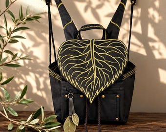 Leaf Backpack, Black Handmade Backpack Purse, Convertible Botanical Bag, Hidden Security Pocket, Nature Inspired Travel Backpack