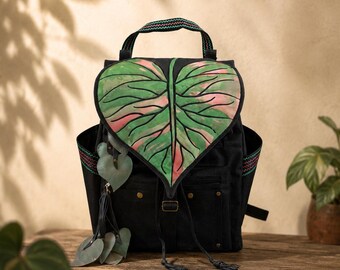 Philodendron Pink Princess Backpack, Handmade Leaf Backpack, Botanical Rucksack, Plant Lover Gift, Nature Inspired Bag