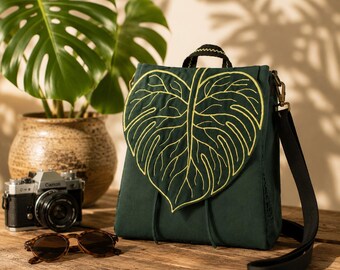 Giant Monstera Leaf Convertible Backpack, Embroidered Botanical Bag, Convertible Shoulder Bag & Backpack, Handmade Forest Green Travel Bag
