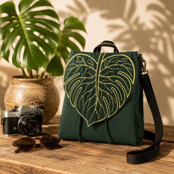 Giant Monstera Leaf Convertible Backpack, Embroidered Botanical Bag, Convertible Shoulder Bag & Backpack, Handmade Forest Green Travel Bag