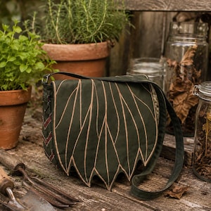 May include: Dark green shoulder bag with a leaf design. The bag has a flap with beige, leaf-shaped lines. The strap is dark green. The bag is on a wooden surface with gardening tools and potted plants in the background.
