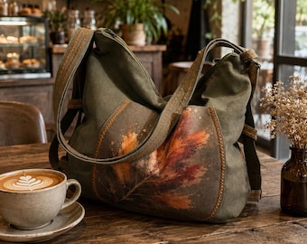Convertible Canvas Crossbody Bag, Handmade Shoulder Bag, Botanical Art, Unique Boho Bag
