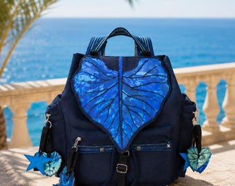 Midnight Leaf Convertible Backpack, Shoulder Bag & Handbag, Navy Blue Handmade Leaf Purse, Nature Inspired Travel Bag