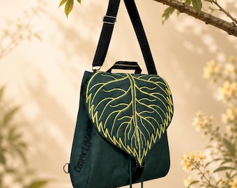 Convertible Backpack Purse, Leaf Backpack, Crossbody Bag, Shoulder Bag, Waterproof Forest Green Backpack