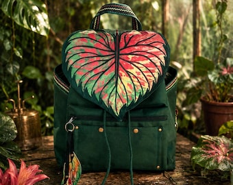 Embroidered Caladium Leaf Backpack with Anti-Theft Pocket, Boho Botanical Canvas Bag, Cottagecore Nature Lover Backpack