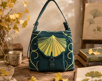Handmade Ginkgo Leaf Convertible Bag, Botanical Shoulder Bag, Backpack Purse, Cottagecore Forestcore Handbag, Nature Inspired Gift