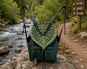 Convertible Backpack Shoulder Bag Cordura Waterproof - Embroidered Giant Leaf Bottle Green Handbag - Anti-theft Multi-pocket Rucksack