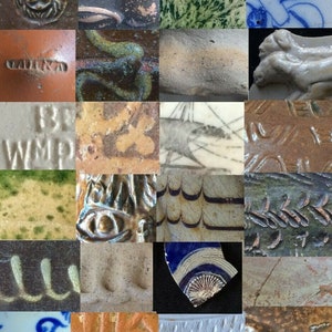 Peut inclure: Un collage d'images présentant différents types de poteries trouvées sur les rives de la Tamise. Les images montrent des gros plans de la surface de la poterie, des marques et des motifs. Le titre de la couverture du livre "Identifying the Pottery of the Thames Foreshore" est en haut de l'image. Le nom de l'auteur, "Richard Hemery", est en bas de l'image.