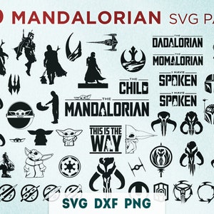 Paquete de siluetas mandalorianas SVG, PNG, DXF para Cricut y Silhouette / 50 archivos de calcomanías de símbolos de Star Wars para cortar y descargar en formato digital