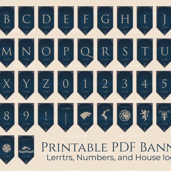 Alphabet Banner Birthday Printable | Alphabet PDF - Game Of Thrones | Numbers, Crests, Letters for Bunting Banner | Birthday Baby Shower