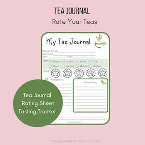 May include: A printable tea journal rating sheet with a green border and a teacup graphic. The sheet includes sections for the name of the tea, merchant, date, cost, type, rate, preparation, and flavor notes.